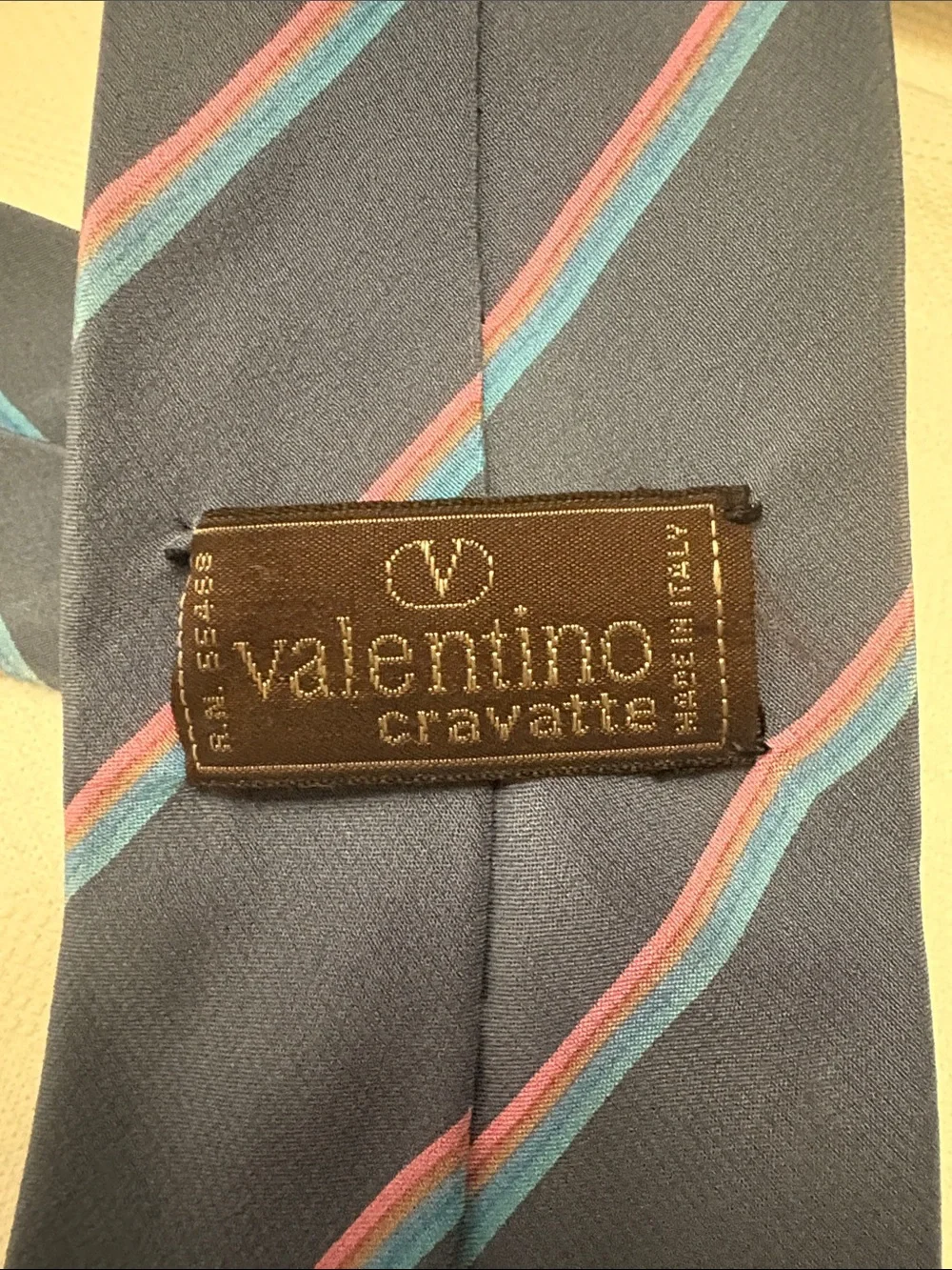 Valentino Navy Silk Tie with Pink and Teal Stripes